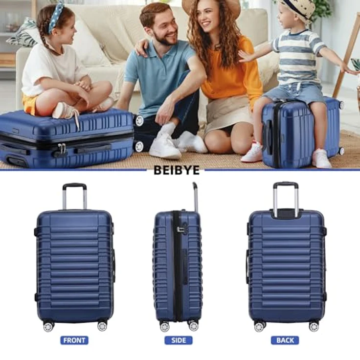 BEIBYE Hartschalen Koffer Trolley Kofferset, 3-teilig in Dunkelblau, mit Zwillingsrollen, robustem ABS-Material und integriertem Zahlenschloss – Bild 2