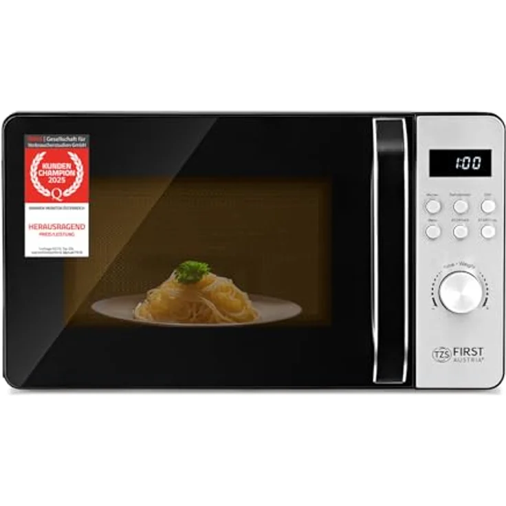 TZS First Austria Digitale Mikrowelle mit Grill, 20l, 700W Mikrowelle, 800W Grill, Edelstahl, 8 Automatik-Programme, LED-Display, kompakt, Auftaufunktion, Grillrost – Bild 1