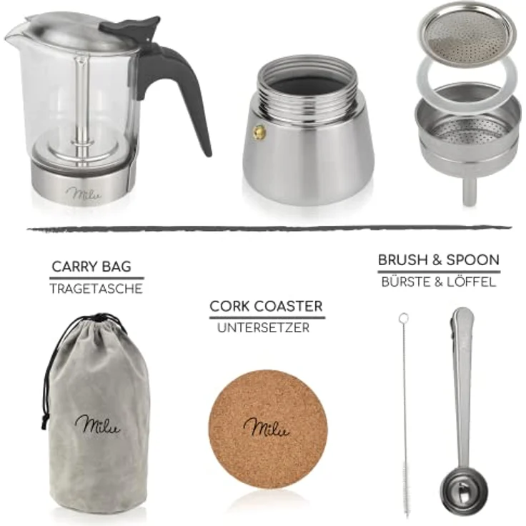 Milu Espressokocher Induktion geeignet | Edelstahl Glas Mokkakanne, Espressokanne, Espresso Maker Set inkl. Untersetzer, Löffel, Bürste 200ml – Bild 3