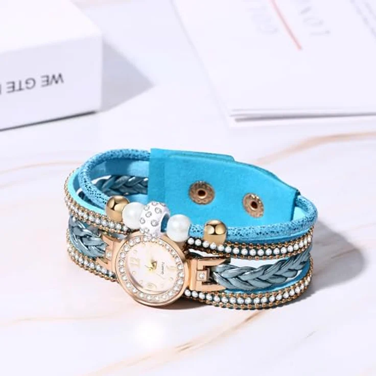 JewelryWe Vintage Damen Armbanduhr, Analog Quarz mit blauem Glitzer Strass, geflochtenem Lederarmband und Kugel Perlenarmband, 10m wasserdicht – Bild 4