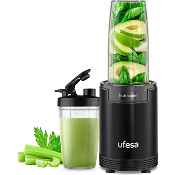 Ufesa BS2500 Nutriboom, Einzelbecher-Mixer mit 900 W, Edelstahlklingen, 6 Zubehörteilen, Schwarz