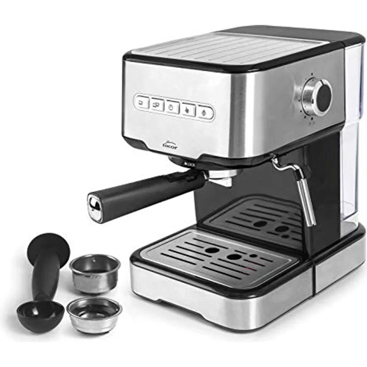 LACOR 69256 Espresso-Kaffeemaschine mit 2 Kaffeeausgängen, Wärme-/Schaumfunktion und Edelstahl-Tassenwärmer, 1450 W, 20 Bar Druck, 1,25 L Wassertank, kompakte Bauweise – Bild 1