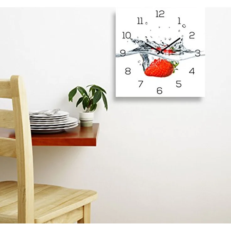levandeo Wanduhr Glas 30x30cm Uhr Glasbild Erdbeere Rot Wasser Frucht Fruit Küchenuhr Wanddeko – Bild 3