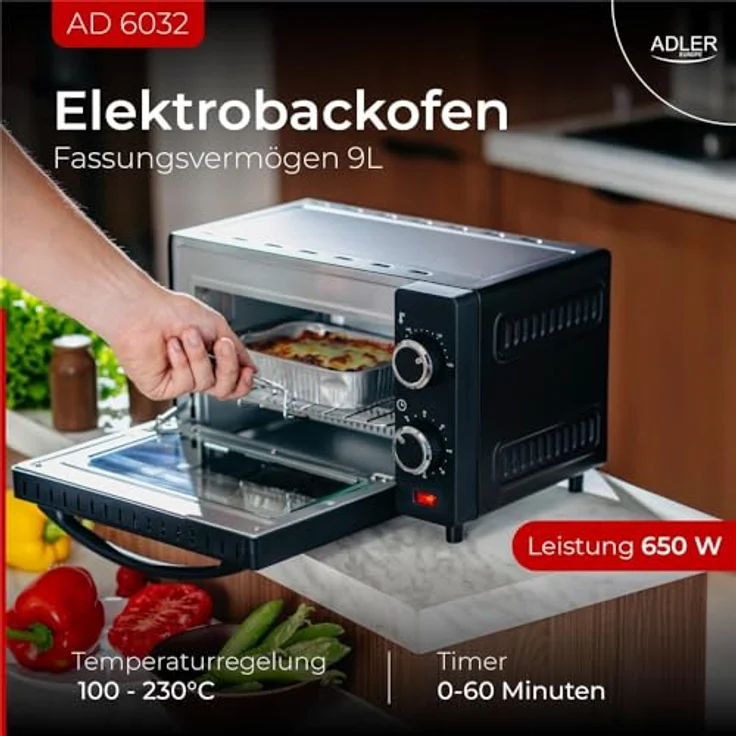 Adler Minibackofen AD 6032, Elektrobackofen mit Timer und Backblech, 9 l, schwarz – Bild 8