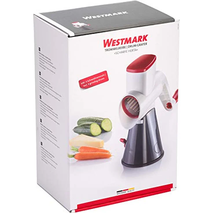 Westmark Reibemaschine mit 3 Schneidtrommeln, Trommelreibe--hobel, Großer Saugfuß, Höhe: 26,5 cm, Kunststoff-Rostfreier Edelstahl, Scharfe Herta, Weiß-Dunkelgrau-Rot, 97022260 – Bild 9