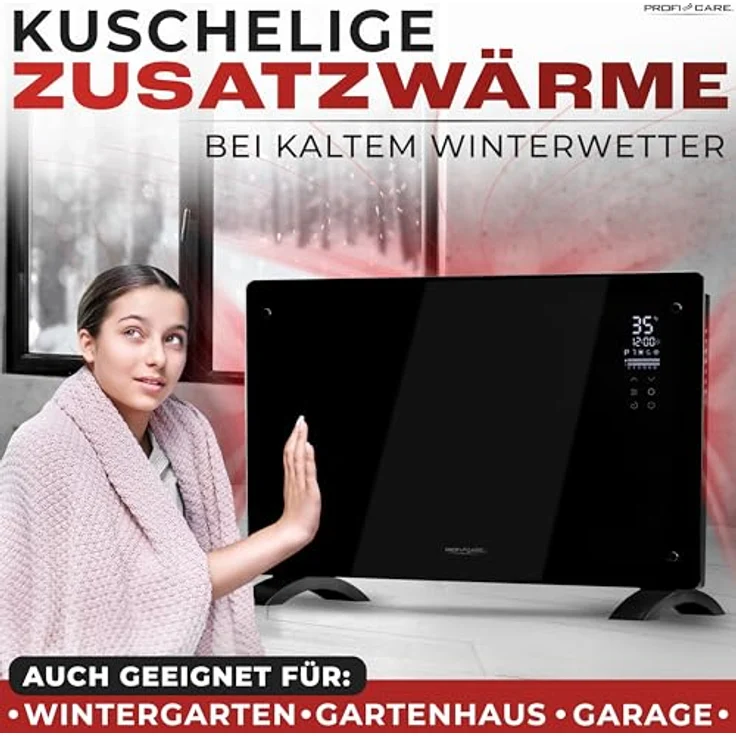 ProfiCare® Elektroheizung mit Glasfront & X-Shape Heizelement | mobiler Heizkörper auch für Wandmontage geeignet | Konvektor Heizung mit 2 Heizstufen | lautloses Heizen - 0dB | PC-GKH 3119 schwarz – Bild 5