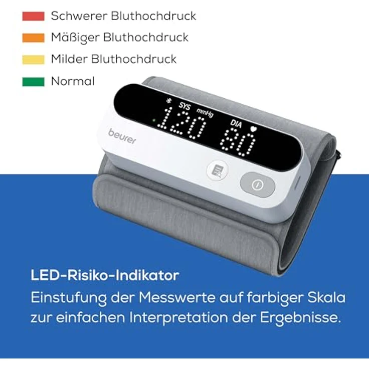 Beurer BM 59 Oberarm-Blutdruckmessgerät, innovative Manschette ohne Schläuche und Kabel, LED-Risikoindikator, Arrhythmie-Erkennung, für Oberarmumfänge von 22-42 cm, mit App-Anbindung - Preisvergleich – Bild 3