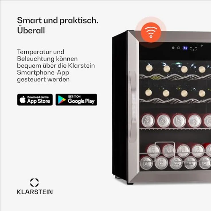 Klarstein Coachella 65 Getränkekühlschrank, 60 L, WLAN-fähig, LED-Beleuchtung, Edelstahl, Flüsterleise, 3-18 °C, Herausnehmbare Böden, Glastür – Bild 3