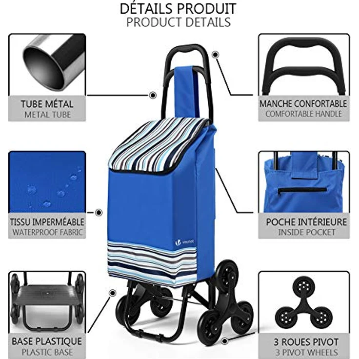VOUNOT Einkaufstrolley Treppensteiger mit 3 Räder, Trolly Einkaufswagen Klappbar, Wasserdichter, 32L, Blau – Bild 2
