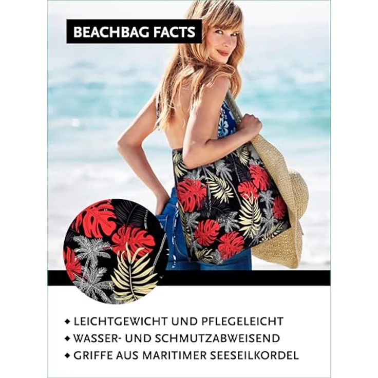 DonDon Strandtasche XXL mit Reißverschluss, Robuste Shopper Tasche Damen für Strand & Meer, 58 x 38 x 18 cm - Inklusive Mini Tasche im stylischen Design – Bild 5