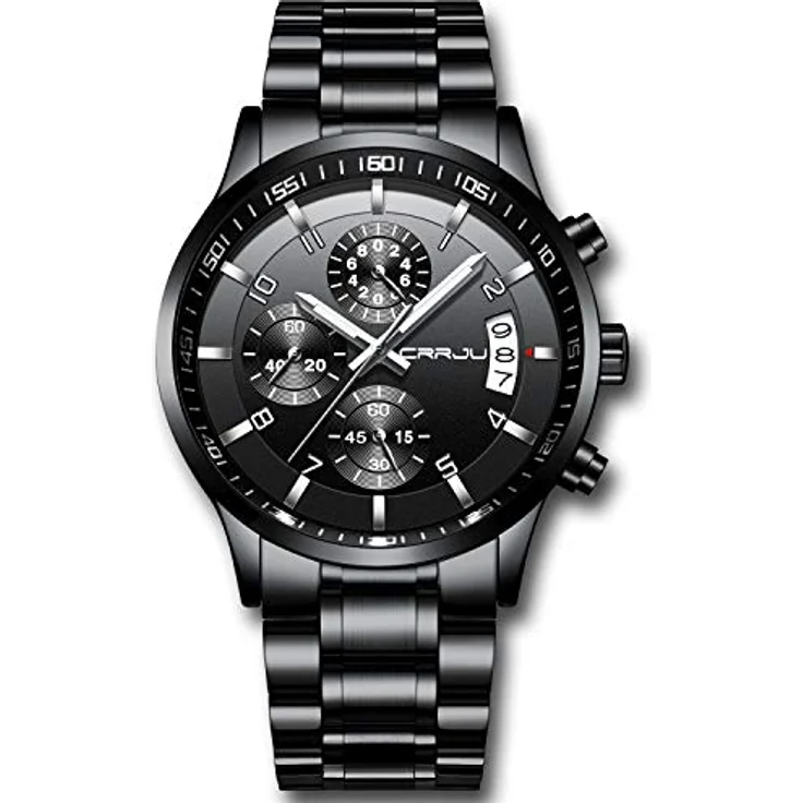 CRRJU Herren Chronograph Armbanduhr, wasserdicht, Edelstahlarmband, analoges Quarzwerk mit Kalender, schwarz – Bild 1