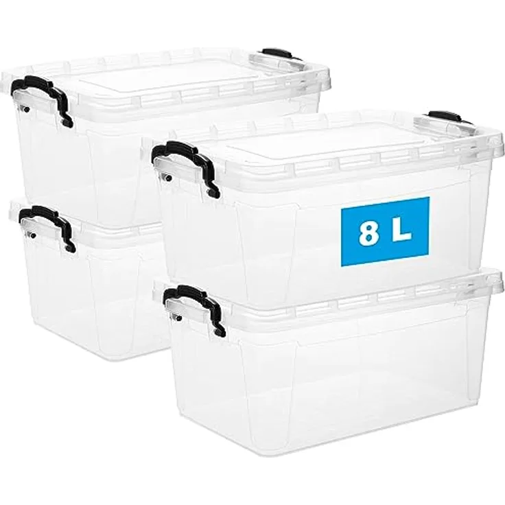 Aufbewahrungsbox mit Deckel und Griff, 8 Liter, 4 Stück - Stapelbare Plastikbox aus lebensmittelechtem Kunststoff, Made in EU, transparent – Ideal für Küche & Haushalt, Platzsparend & BPA-frei