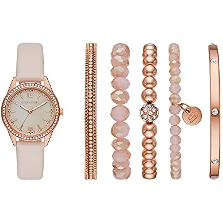 Skechers Damen Analog Quarz Uhr SR9064, 34 mm, roségoldenes Zifferblatt, rosa Polyurethan-Armband, wasserdicht bis 30 m