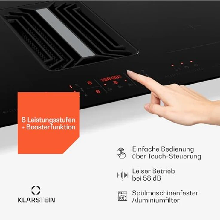 Klarstein AirJet Hybrid DSM_Airjt.Hybri_83BK, Induktionskochfeld mit integriertem Dunstabzug, 4 Zonen, 12 kW, Touch-Bedienung, schwarz – Bild 5