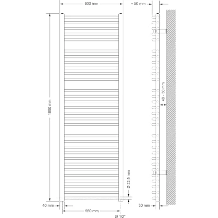 LuxeBath Badheizkörper 600 x 1800 mm, Anthrazit, gebogen mit Seitenanschluss und hoher Wärmeleistung (951 Watt) – Bild 2