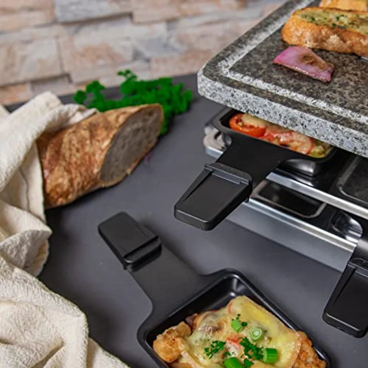 Spring CLASSIC Raclette 8 Personen, Granit-Grillplatte, Heißer Stein mit Saftrille, 8 Raclette Pfännchen, 8 Raclette Schaber, mit Abstellebene, 48 × 27 × 14,5 cm, 1200W, Raclette Grill – Bild 5