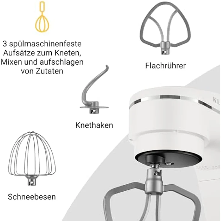 KLAMER Küchenmaschine 1800W, Knetmaschine mit 6 Liter Edelstahl Schüssel, 10 Geschwindigkeitsstufen mit Timer, Rührbesen, Knethaken, Schneebesen und Spritzschutz – Bild 4