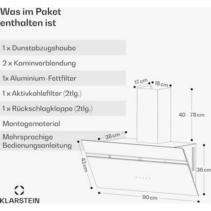 Klarstein Alina Dunstabzugshaube, EEK A, Touchpanel, LED-Beleuchtung, Abluft/Umluft, 615 m³/h, Schwarz – Bild 7