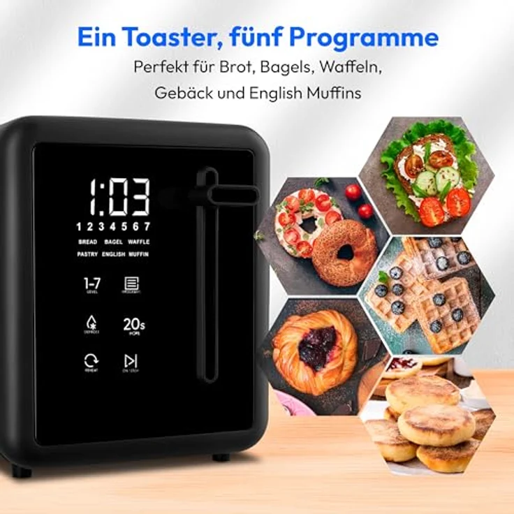 MEDION MD 12103 Toaster 4 Scheiben mit Brötchenaufsatz, 1.450 Watt, 7 Bräunungsstufen, 5 Automatikprogramme, Edelstahl matt, schwarz – Bild 4