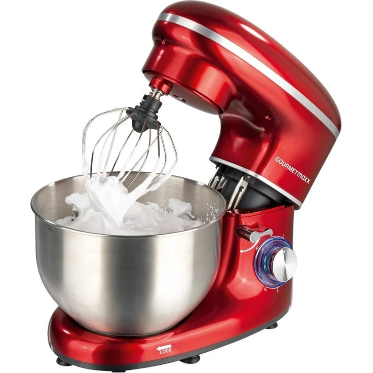 GOURMETmaxx Küchenmaschine schwarz, Direktantrieb, 1500 Watt, 5 L, 6 Geschwindigkeitsstufen, Patisserie-Set, rot – Bild 1