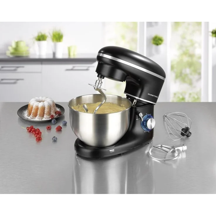 GOURMETmaxx Küchenmaschine schwarz, Direktantrieb, 1500 Watt, 5 L, 6 Geschwindigkeitsstufen, Patisserie-Set, schwarz – Bild 4