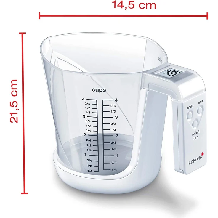Korona 75877 MIA Messbecherwaage, max. Tragkraft 3kg, Einteilung 1 g, inkl. Messbecher 1 Liter, gut ablesbares LCD Display, Tara-Zuwiegefunktion, weiß – Bild 4