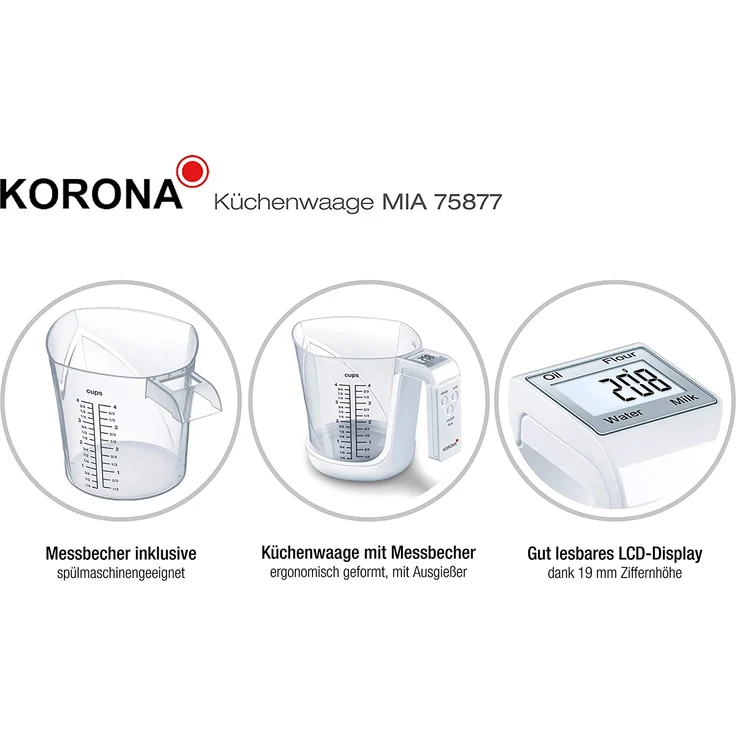 Korona 75877 MIA Messbecherwaage, max. Tragkraft 3kg, Einteilung 1 g, inkl. Messbecher 1 Liter, gut ablesbares LCD Display, Tara-Zuwiegefunktion, weiß – Bild 5