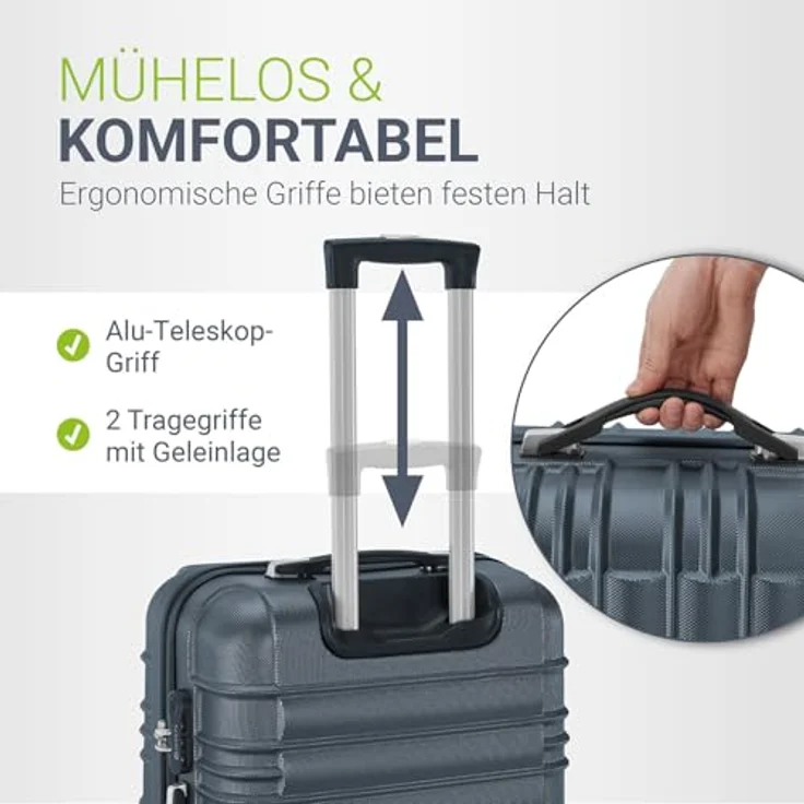 Juskys Hartschale Kofferset 3-teilig, Reisekoffer mit Zahlenschloss, geräuscharme 360° Rollen, Teleskopgriff, anthrazit, 55 l, 84 l, 120 l – Bild 3