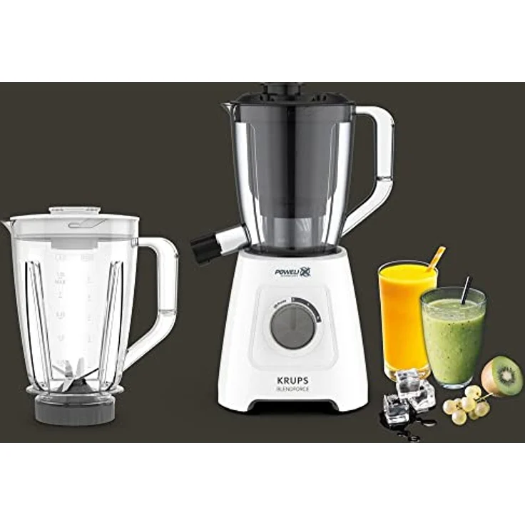 Krups KB42Q1 Blendforce 2in1 Standmixer, 600 Watt, 6 Messer Powelix-Technologie, 2 Geschwindigkeiten+Pulse, Ice Crush-Funktion, inklusive: Mixbehälter, Entsafterbehälter, Saftbehälter, Weiß-Grau – Bild 6