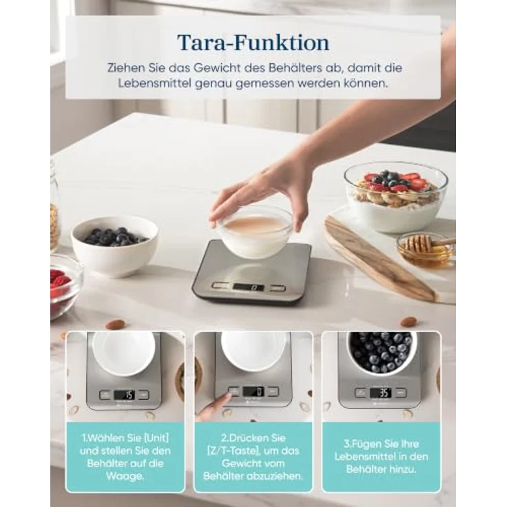 Etekcity Digitale Küchenwaage aus Edelstahl, präzise Messungen für Kaffee, Backen und Brot mit LCD-Display und Tara-Funktion – Bild 5