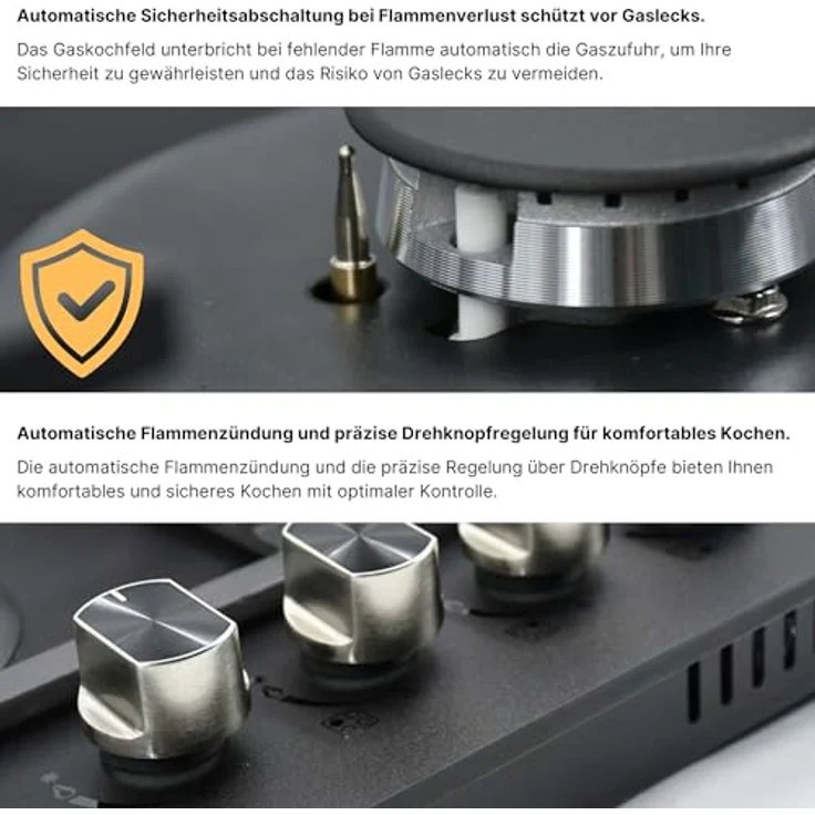 KB ELEMENTS Gasherd 4 Flammig, Einbau-Gaskocher mit digitalem Gas-Stop-Timer, Matt Schwarz, für Propan- und Erdgas, inkl. Wok Brenner und Gusseisenrost – Bild 4