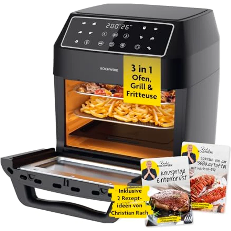 Rachs KOCHWERK Digitale Heißluftfritteuse 12 Liter mit XXL-Zubehörpaket | Ofen, Grill & Fritteuse mit Sichtfenster & Touchscreen | Airfryer ohne Öl | 10 Programme & Timerfunktion – Bild 1