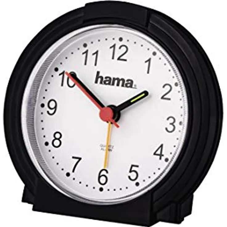 Hama analoger Wecker "Classic", batteriebetriebene Uhr ohne Ticken mit fluoreszierenden Zeigern und Hintergrundlicht, schwarz, 12,5 x 6,5 x 17 cm