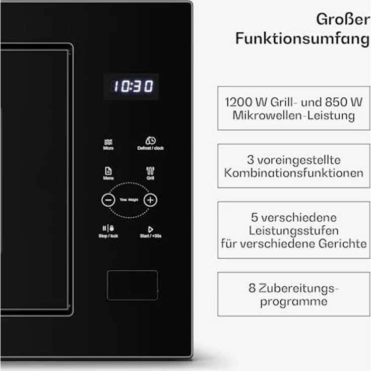 Klarstein Einbau Mikrowelle mit Grill, 25 l, 1200 W, LED Touch, Schwarz – Bild 6