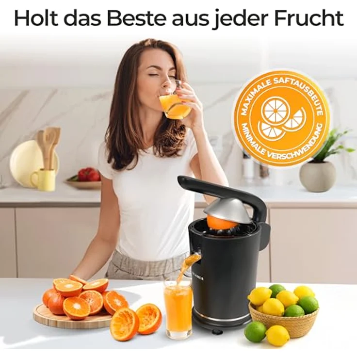 KLAMER Elektrische Saftpresse mit zwei Presskegeln, Zitruspresse für Orangen, Zitronen, Limetten & Grapefruit, BPA frei, spülmaschinengeeignet, hohe Saftausbeute – Bild 2