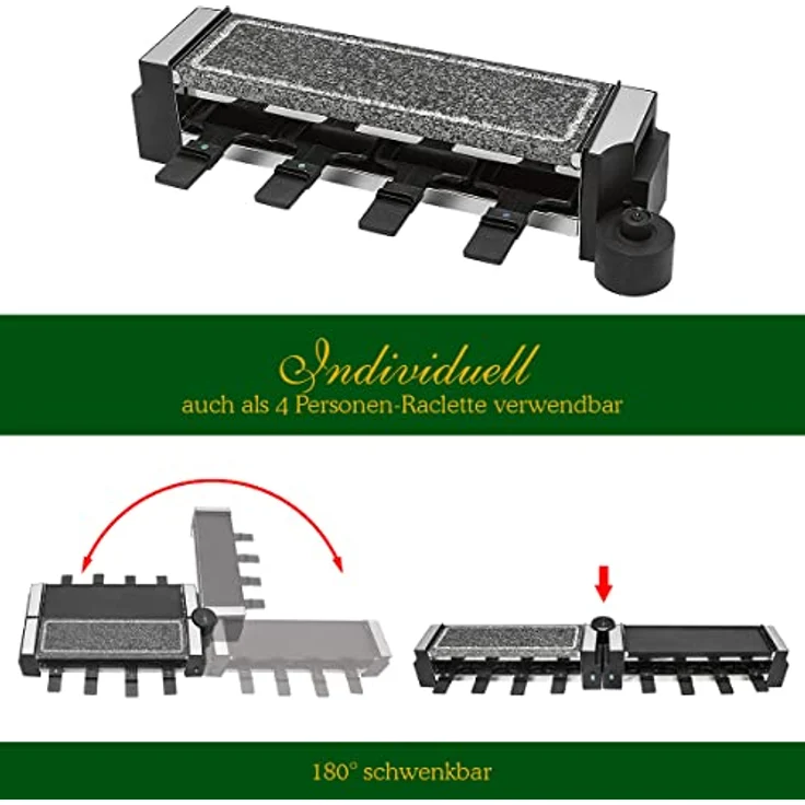 Clatronic RG 3678, 2in1 Raclette-Grill, Naturgrillstein & Wendegussplatte, 180°-Drehgelenk, 8 Pfännchen - 8 Holzspachtel, Auch als 4-Personen-Raclette verwendbar, Antihaftbeschichtung, 1200 Watt – Bild 6
