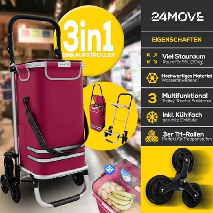 24MOVE® Einkaufstrolley Alegre, klappbar mit 55L Kühlfach, faltbarer 3in1 Trolley - Sackkarre und Tasche, bis 30kg belastbar, rot – Bild 2