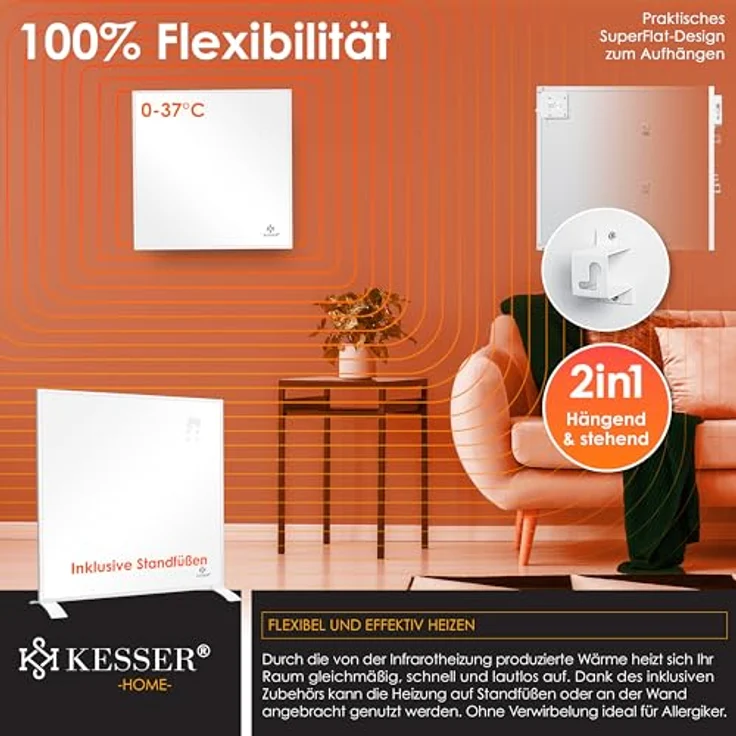 KESSER Infrarotheizung, 350W Energiesparend Infrarot Standgerät & Wandmontage Elektroheizung, IP44 Spritzwasserschutz, Allergikerfreundlich – Bild 5