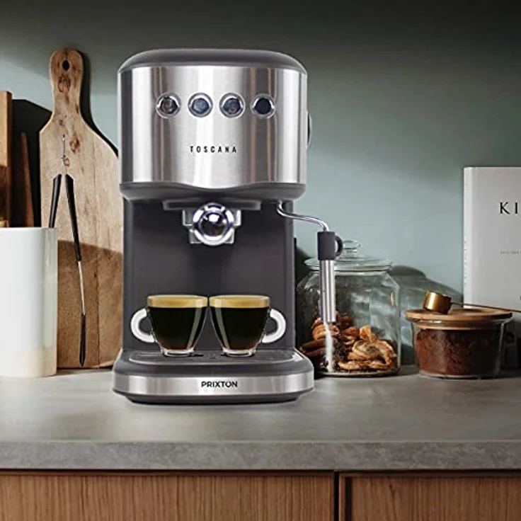 PRIXTON Toscana-Kaffeemaschine, halbautomatisch, für Kaffeekapseln und gemahlenen Kaffee, 20 Bar Druck, schwarz Edelstahl, 1,25 Liter Wassertank, mit Dampfdüse für Milchaufschäumung – Bild 7