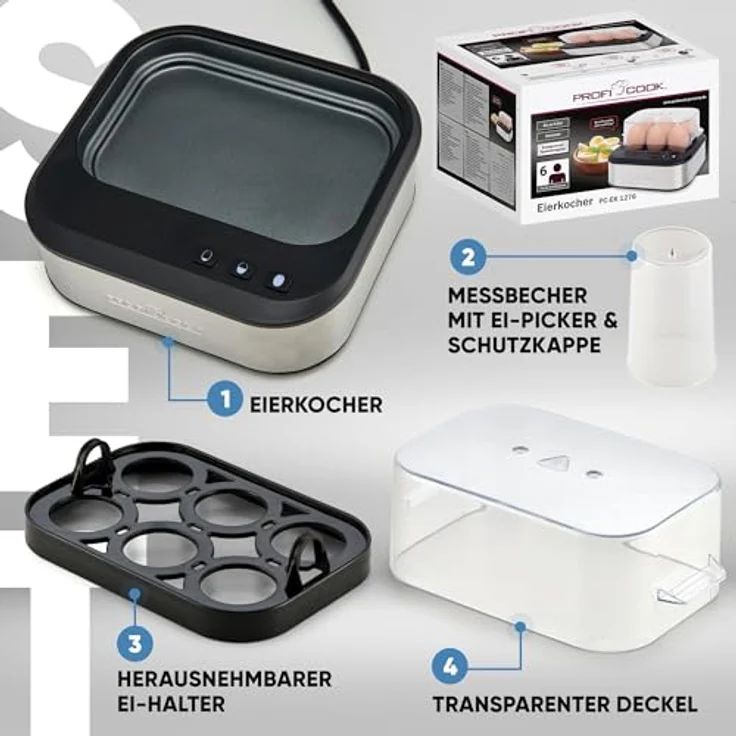 ProfiCook® PC-EK 1276 sprechender Eierkocher | kocht weich/mittel/hart | 6 Eier | Edelstahl mit Härtegradeinstellung – Bild 5