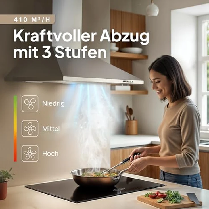 LEVIVO Dunstabzugshaube 60cm A+++ mit 410 m³/h, Umluft & Abluft, 2 Aktivkohlefilter, 2 Fettfilter, Wandhaube, 3 Stufen, Edelstahl – Bild 2