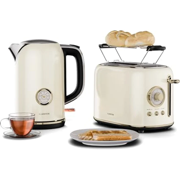 Klarstein Victoria Toaster Wasserkocher Set, Retro Design mit 2 Scheiben Toaster, 7 Bräunungsstufen, Brötchenaufsatz und 1,7L Wasserkocher mit Kalkfilter, Cream – Bild 1