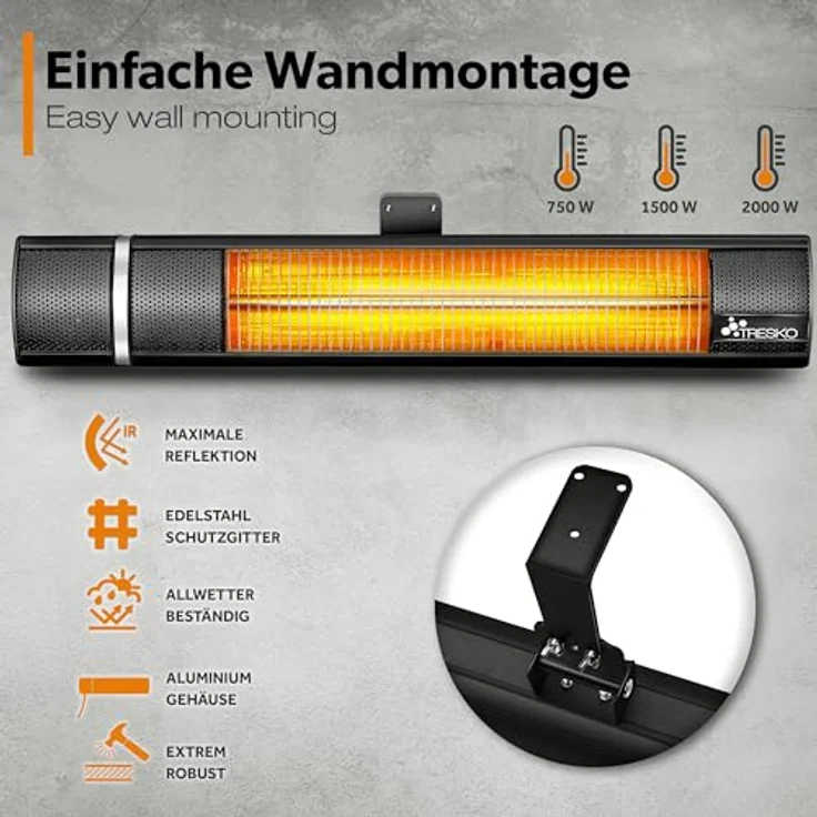 TRESKO Infrarot Heizstrahler 2000W mit Fernbedienung | Terrassenstrahler Innen & Außen, 3 Heizstufen | Wand-Heizstrahler Infrarotstrahler, Edelstahl & Aluminium – Bild 4