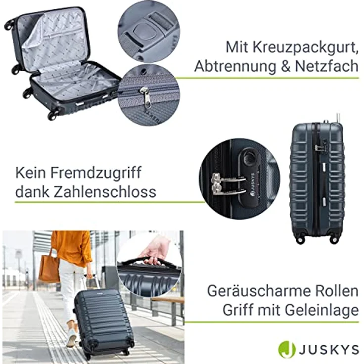 Juskys Hartschale Kofferset Reisekoffer 4 teilig - Zahlenschloss, geräuscharme 360° Rollen groß, Teleskopgriff, leicht - Koffer in Anthrazit – Bild 5