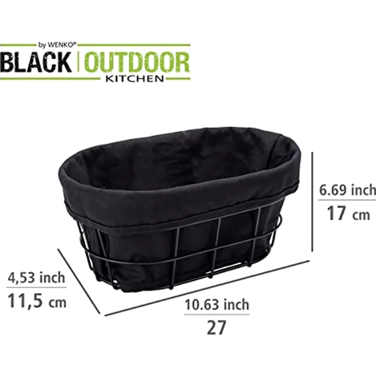 WENKO Brotkorb Bela, Black Outdoor Kitchen Korb für Brot, Brötchen und Baguette aus pulverbeschichtetem Metall mit herausnehmbarer, waschbarer Einlage aus 100 % Baumwolle, 27 x 17 x 11,5 cm, Schwarz – Bild 3