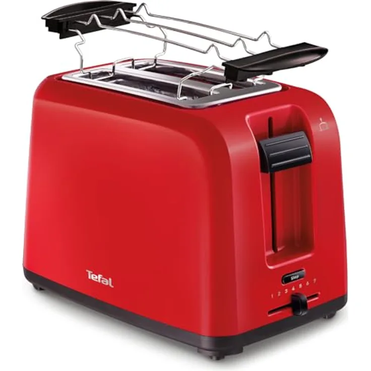 TEFAL TT1A2510 Toaster | Doppelschlitz | mit 7 Bräunungsstufen | inkl. Brötchenaufsatz | Krümelschublade | 800W | Hebefunktion | Funktionstaste für Stopp -Taste, Auftauen und Erwärmen | rot