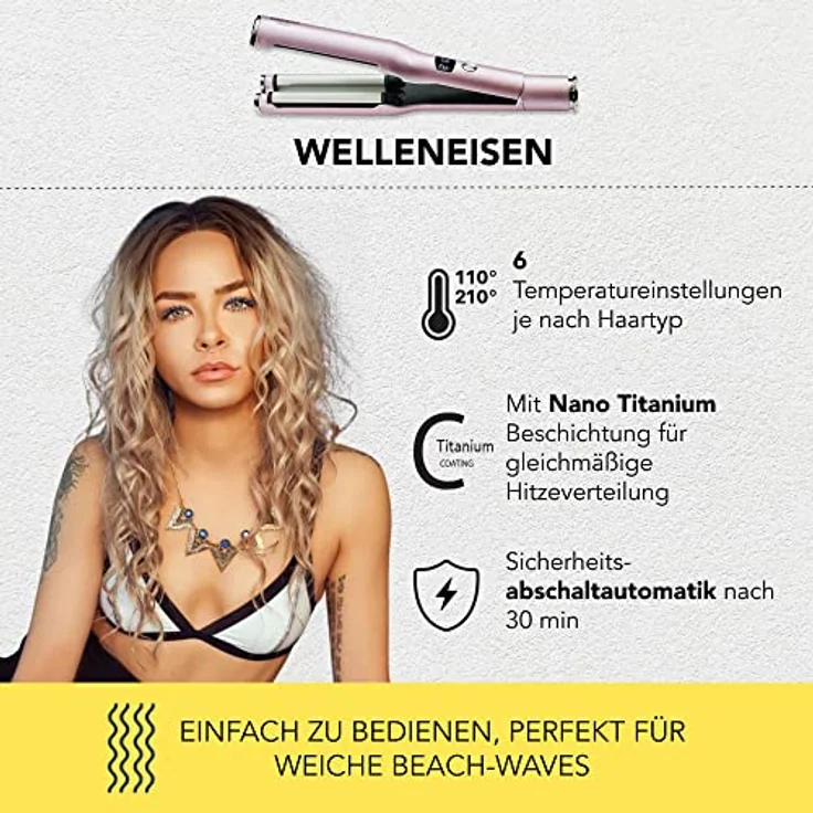 Carrera Set Glättbürste und Welleneisen – Neuheit: Kabel abnehmbar, Haarglätter Bürste, Keramikbeschichtung, Kreppeisen, Temperatur einstellbar, für Beach-Waves, Hause & Reisen - Flieder – Bild 4