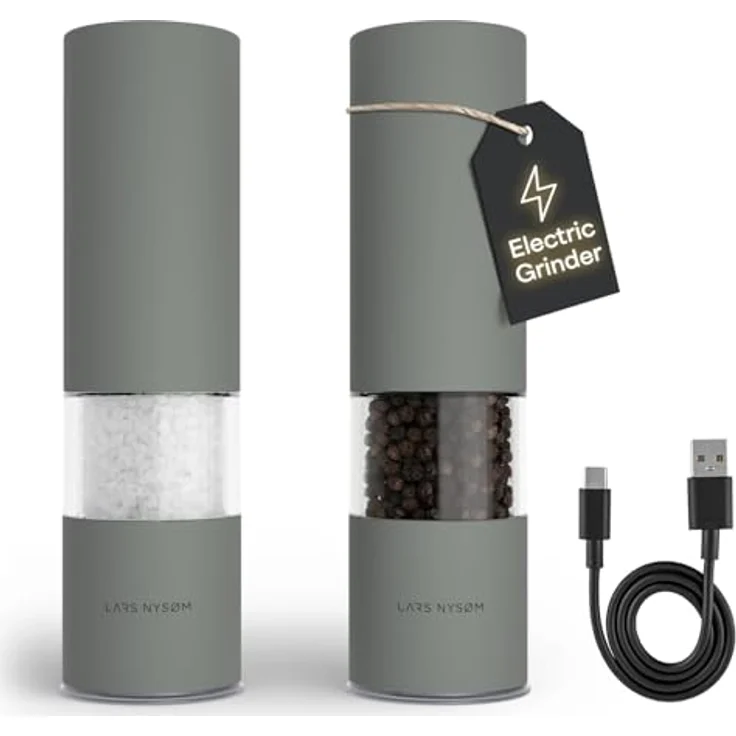 LARS NYSØM Salz- und Pfeffermühle Elektrisch 2er Set, Edelstahl mit einstellbarem Keramik-Mahlwerk, USB-C wiederaufladbar, Ash Gray – Bild 1