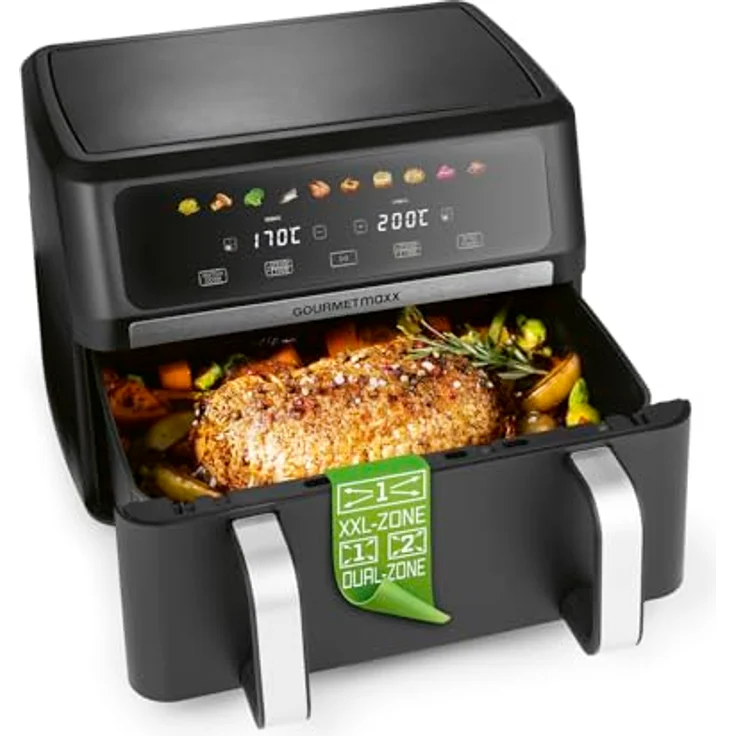 GOURMETmaxx Heißluftfritteuse AirGenius 10 l (2 x 5 l), Vario-Kammer, 2800 W, 10 Programme, Multi-Colour-LED-Touch-Display – Bild 1
