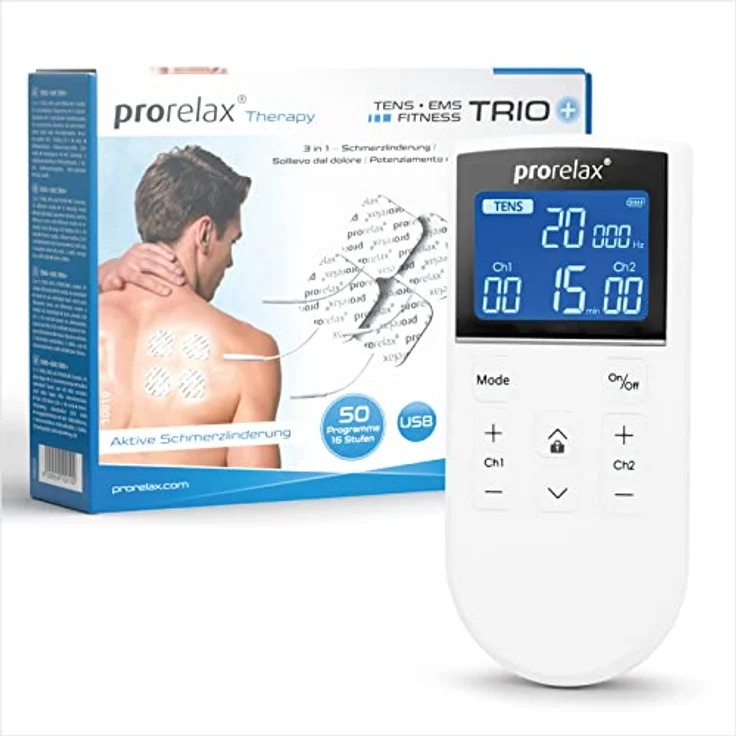 prorelax TENS/EMS Trio+ | Akkubetriebenes Elektrostimulationsgerät | 3 Therapien - TENS, EMS, FITNESS | Zur Entspannung, zum Muskelaufbau, zur Schmerzlinderung | 50 Programme | 16 Intensitätsstufen – Bild 1